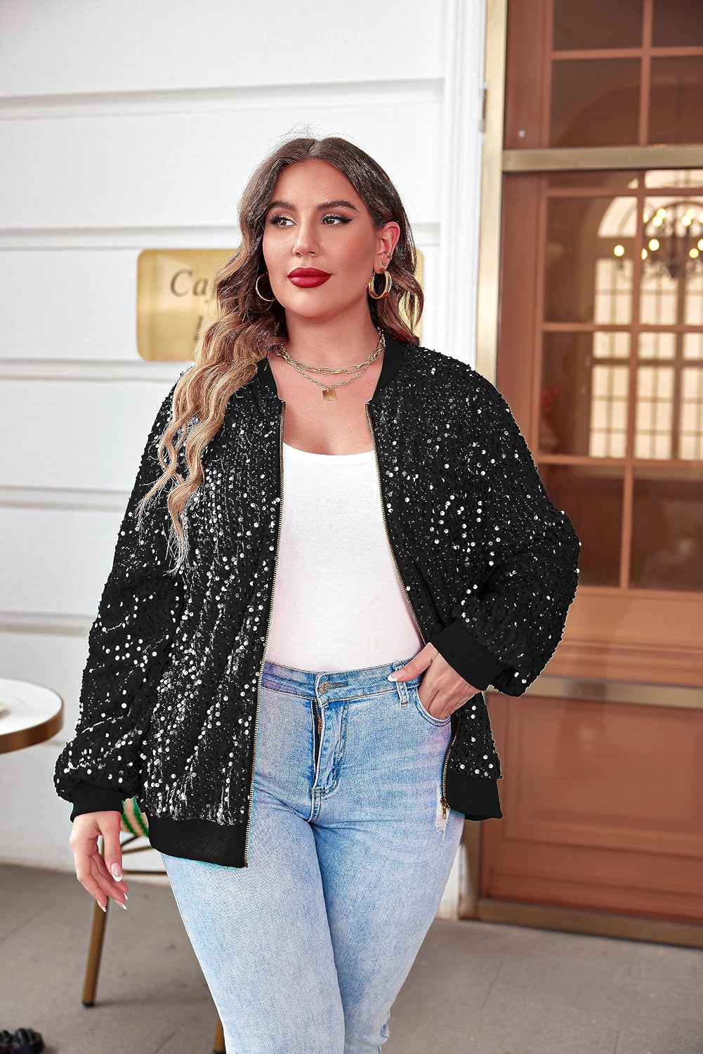 Womens Sequin Jacket Sparkle Long Sleeve Jackets Front Zip Loose Casual Blazer Bomber Jacket with Pockets Womens Sequin Jacket Sparkle Long Sleeve Jackets Front Zip Loose Casual Blazer Bomber Jacket with Pockets
