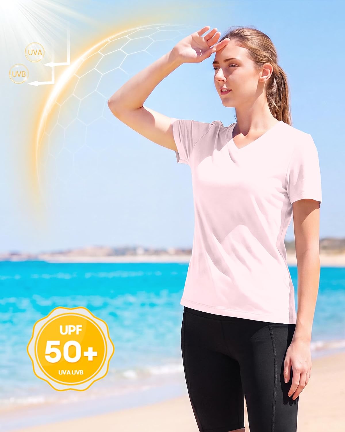 Womens Workout Tops Short Sleeve UPF 50+ Athletic Sun Shirts Quick Dry V Neck T-Shirt Moisture Wicking Gym Hiking Tee