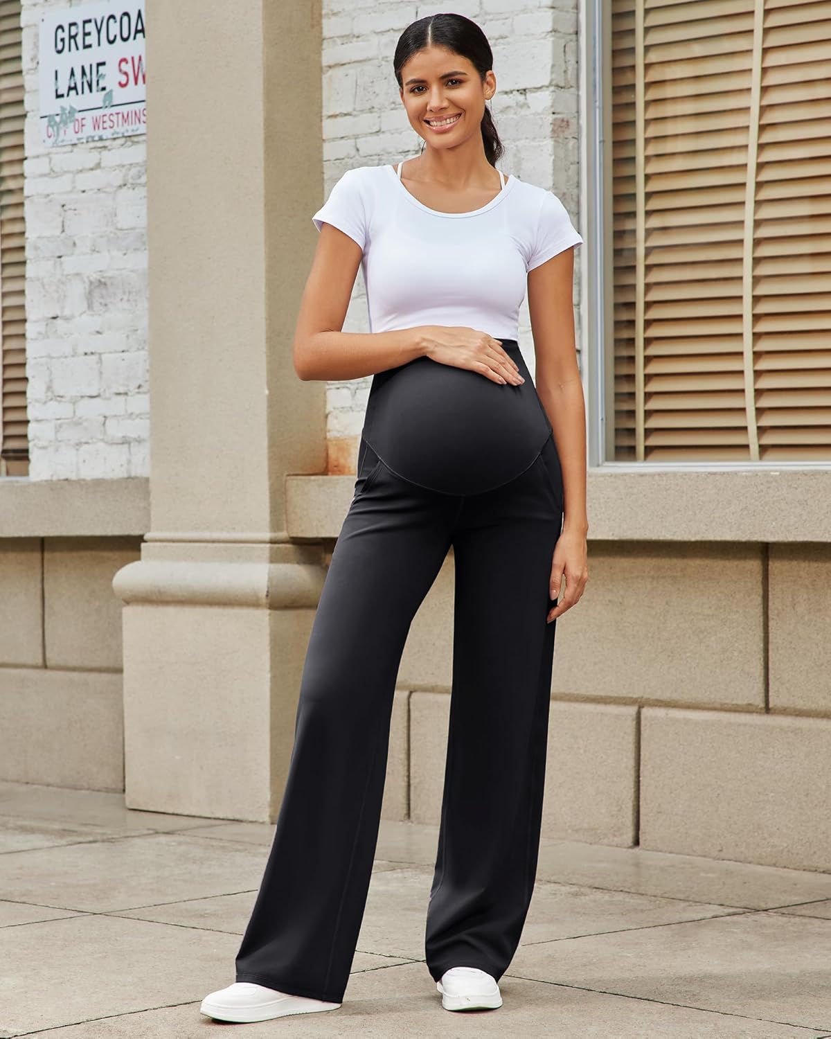 Maternity Pants Over the Belly Yoga Dress Work Stretchy Lounge Pregnancy Wide Leg Trousers with Pockets