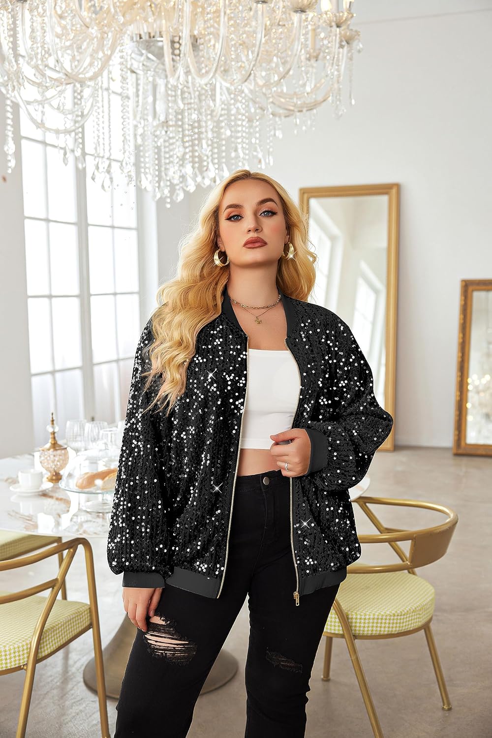 Womens Sequin Jacket Sparkle Long Sleeve Jackets Front Zip Loose Casual Blazer Bomber Jacket with Pockets Womens Sequin Jacket Sparkle Long Sleeve Jackets Front Zip Loose Casual Blazer Bomber Jacket with Pockets
