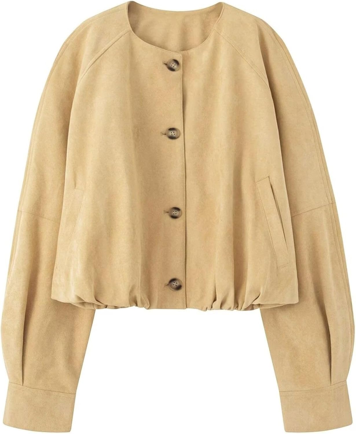 Women's Faux Suede Button Jacket Oversized Gathered Hem Short Length Coat Casual Vintage Outerwear with Pockets Women's Faux Suede Button Jacket Oversized Gathered Hem Short Length Coat Casual Vintage Outerwear with Pockets
