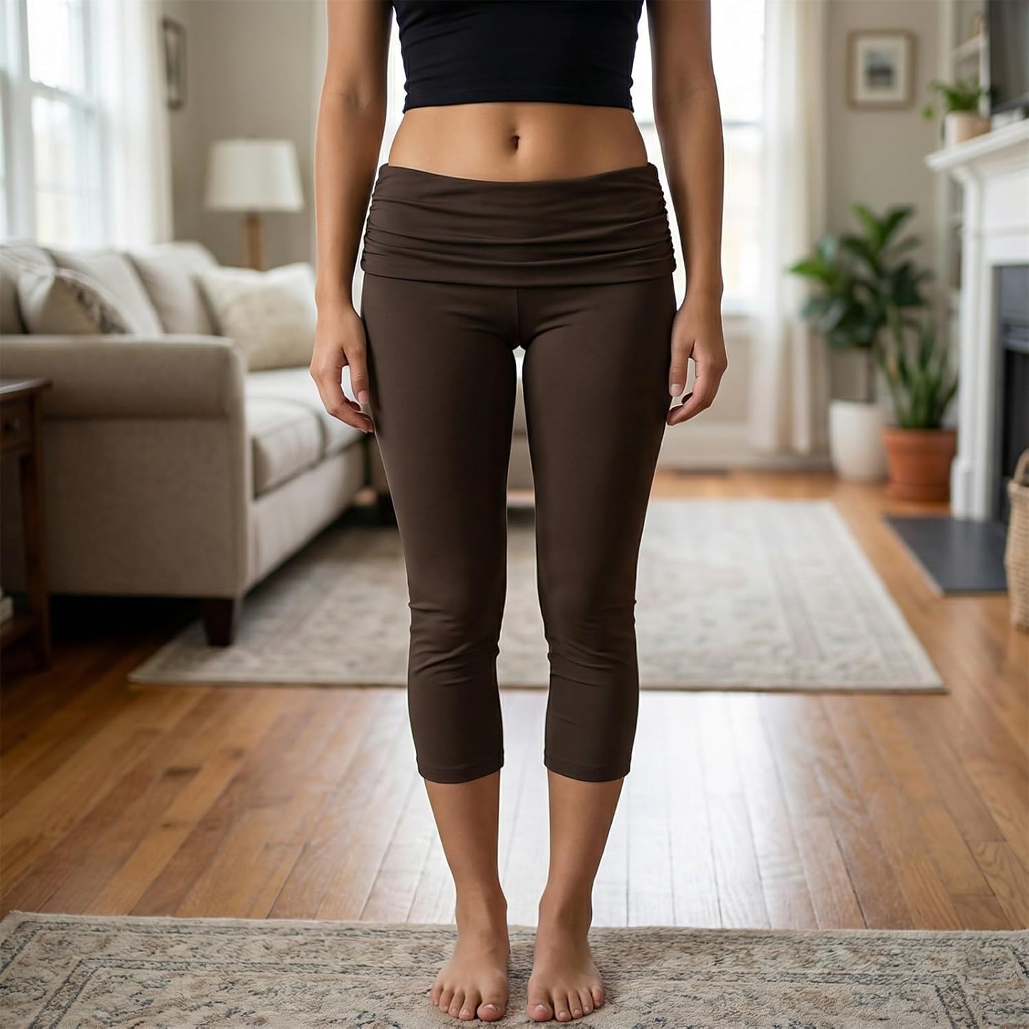 Fold Over Capri Leggings for Women Low Waist Stretch Tight Taper Leg Yoga Pants Going Out Cropped Pants Streetwear
