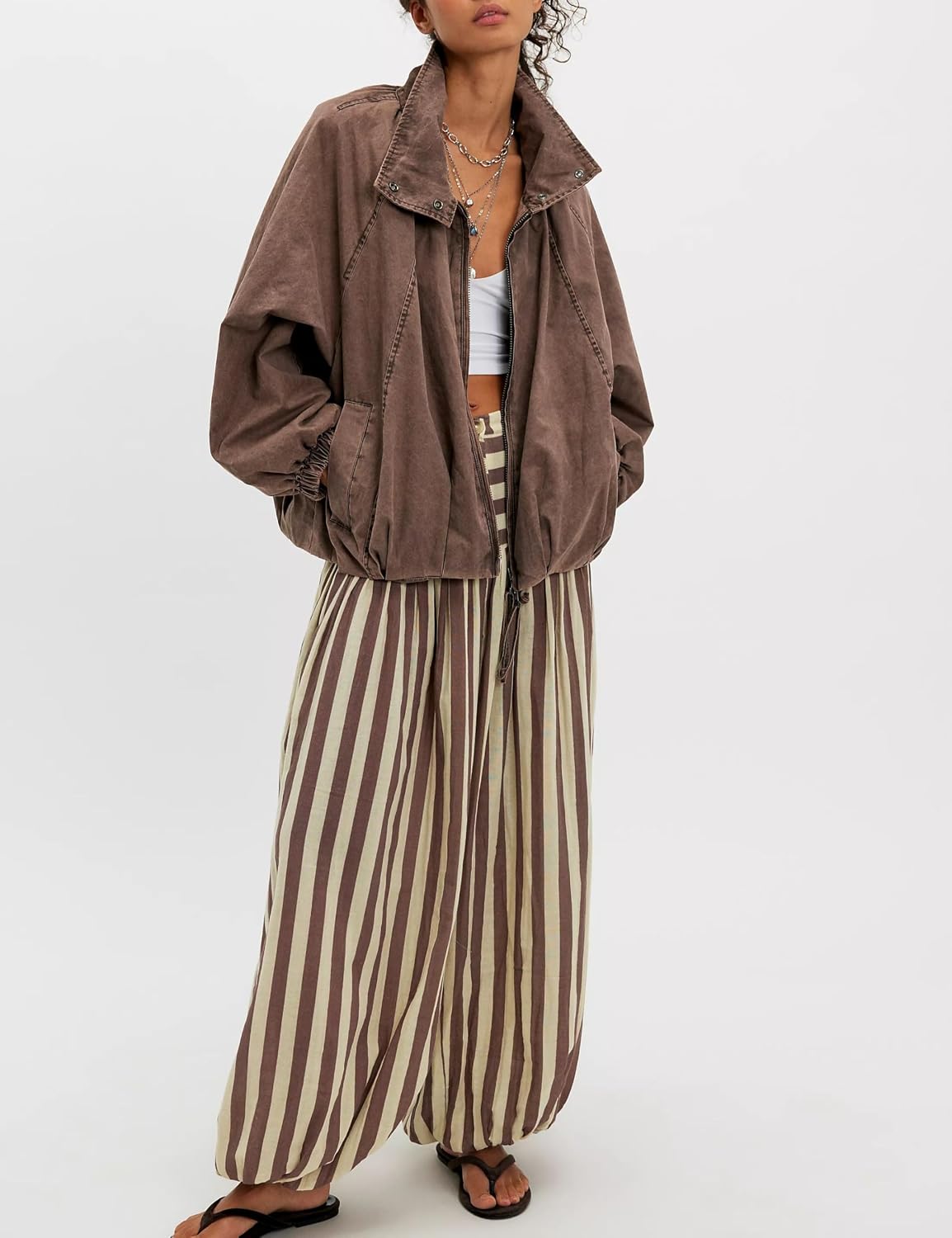 Womens Funnel Neck Jacket Casual Spring Fall Outfit Oversized Zip Up Coat Outerwear with Pockets