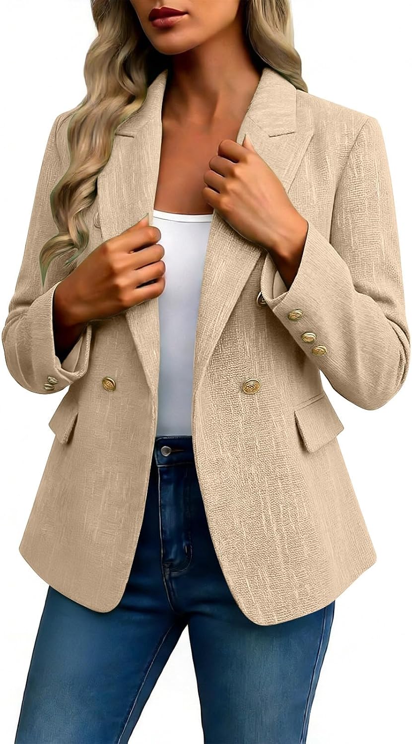 Women's Double Breasted Blazer Slim Fit Long Sleeve Open Front Jacket with Pockets Business Casual Work Suit
