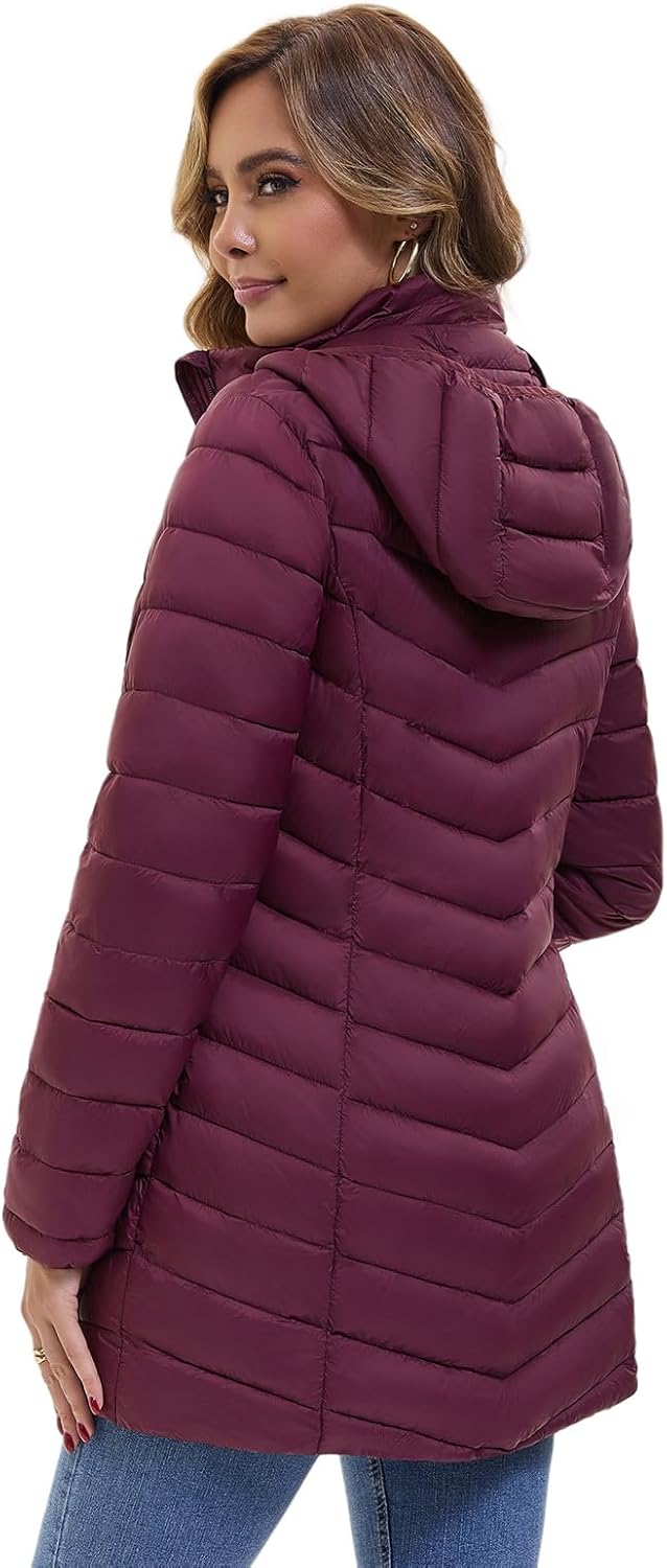 Women's Packable Winter Puffer Jacket Lightweight Hooded Puffer Coat Quilted Mid-Length Coat with Detachable Hood