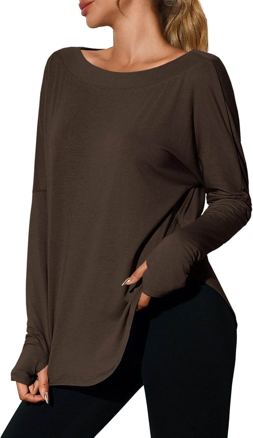 Womens Open Back Workout Shirts Casual Long Sleeve Boat Neck Tops Athletic Gym Yoga Tees with Thumb Holes