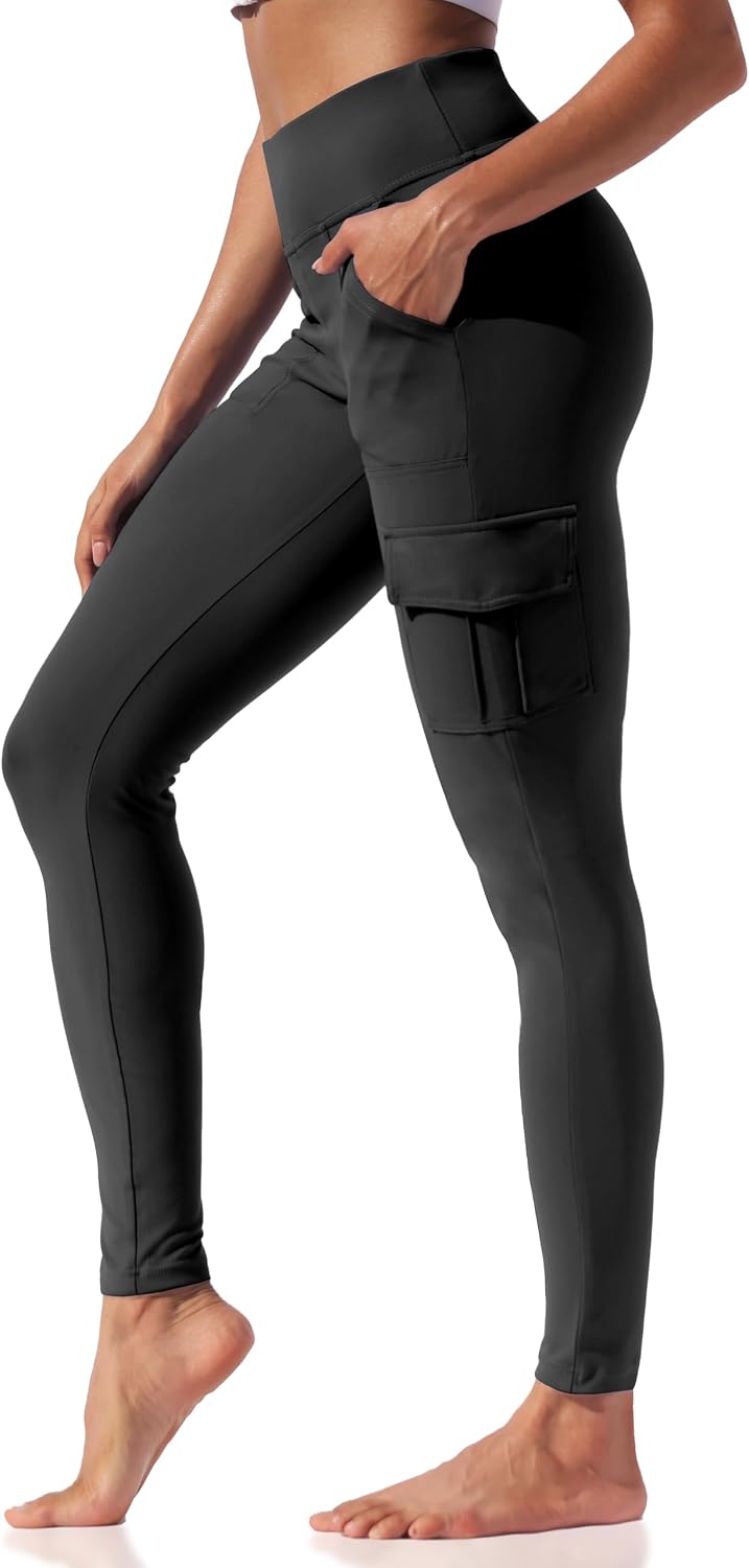 High Waisted Womens Leggings, Stretchy Yoga Cargo Pants with Pocktes Tummy Control Workout Leggings