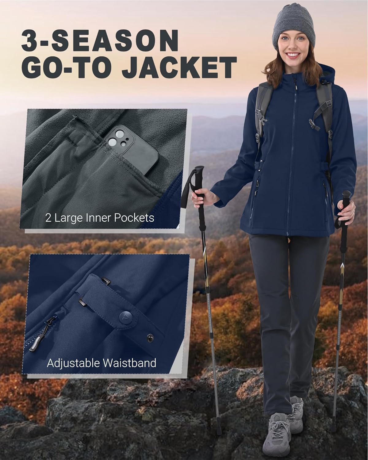 Women's Softshell Jacket with Removable Hood Insulated Windbreaker Waterproof Warm Fleece Lined Coat Women's Softshell Jacket with Removable Hood Insulated Windbreaker Waterproof Warm Fleece Lined Coat