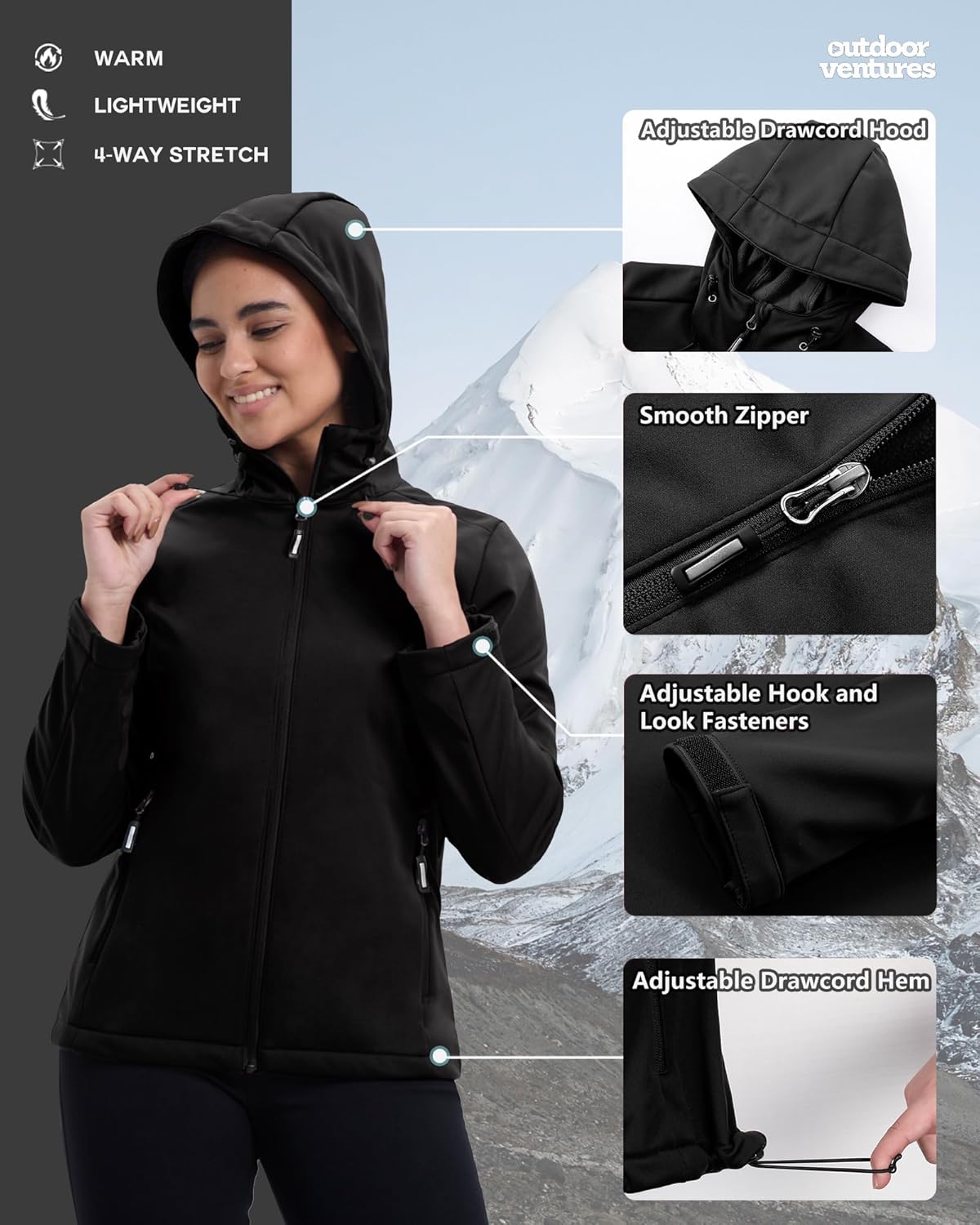 Women's Softshell Jacket Waterproof Warm Fleece Lined Lightweight Windproof Hooded Insulated Windbreaker