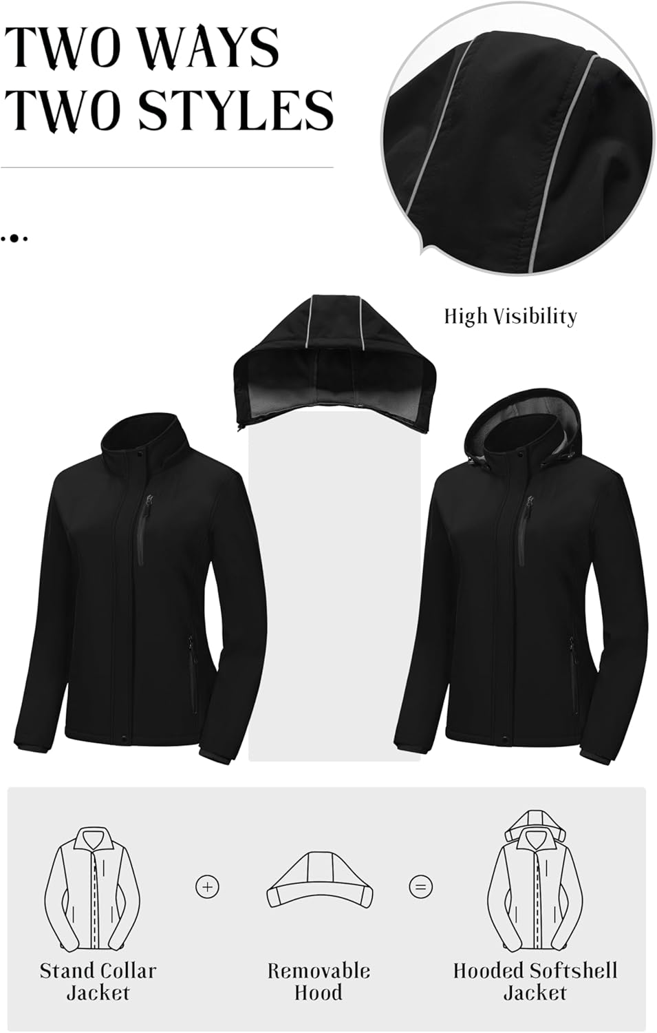 Women's Softshell Jacket Lightweight Fleece Lined Rain Jacket Waterproof Warm Windbreaker Coat With Removable Hood