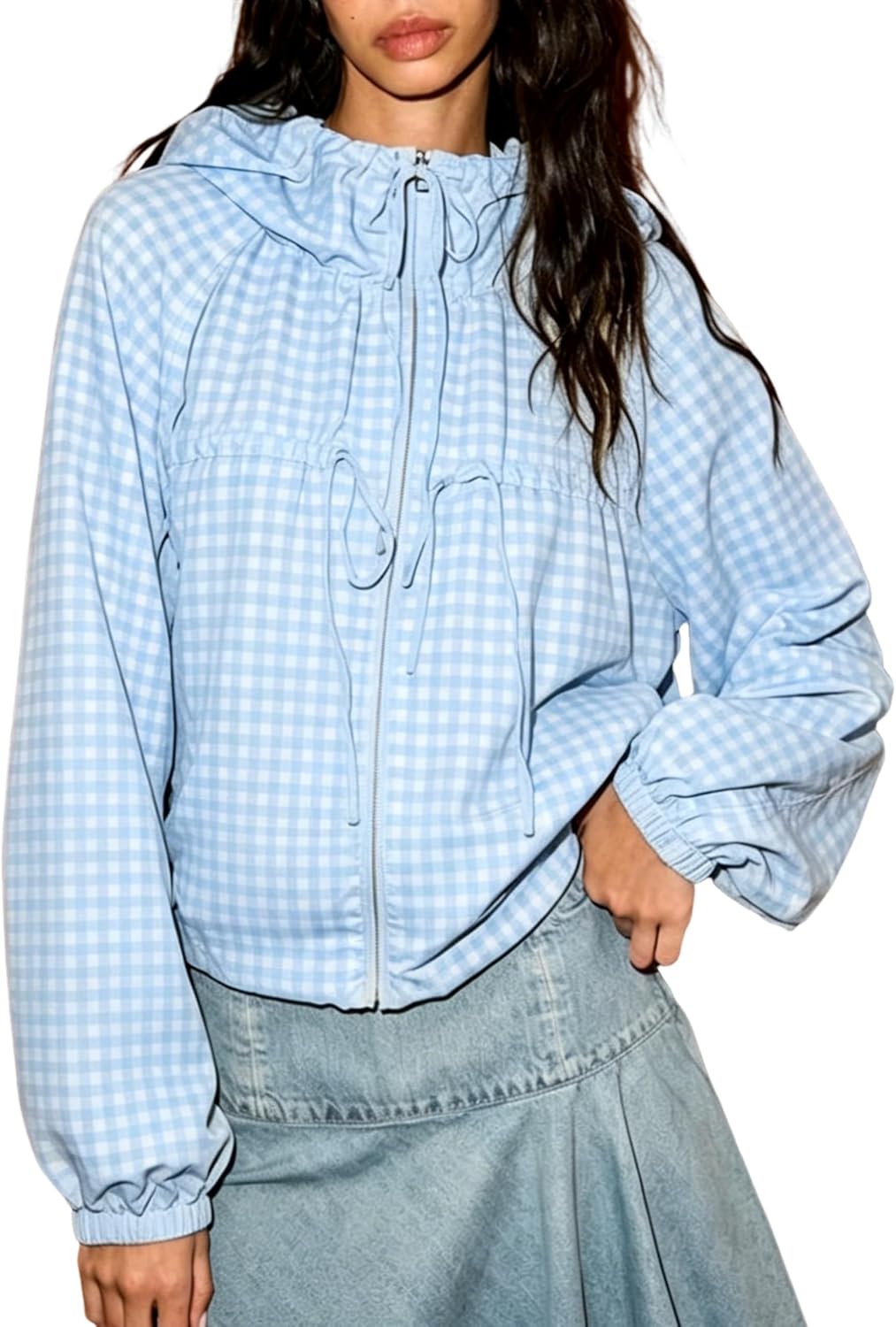 Womens Gingham Hooded Jacket Drawstring Zip Up Lightweight Outwear Womens Gingham Hooded Jacket Drawstring Zip Up Lightweight Outwear