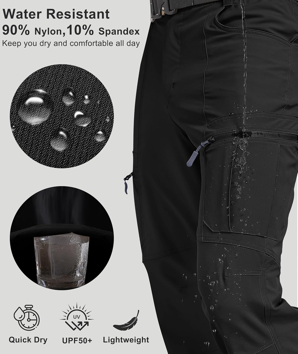 Mens Hiking Pants Waterproof Cargo Work Pants Lightweight Nylon Quick Dry Outdoor Travel Pants 6 Pockets