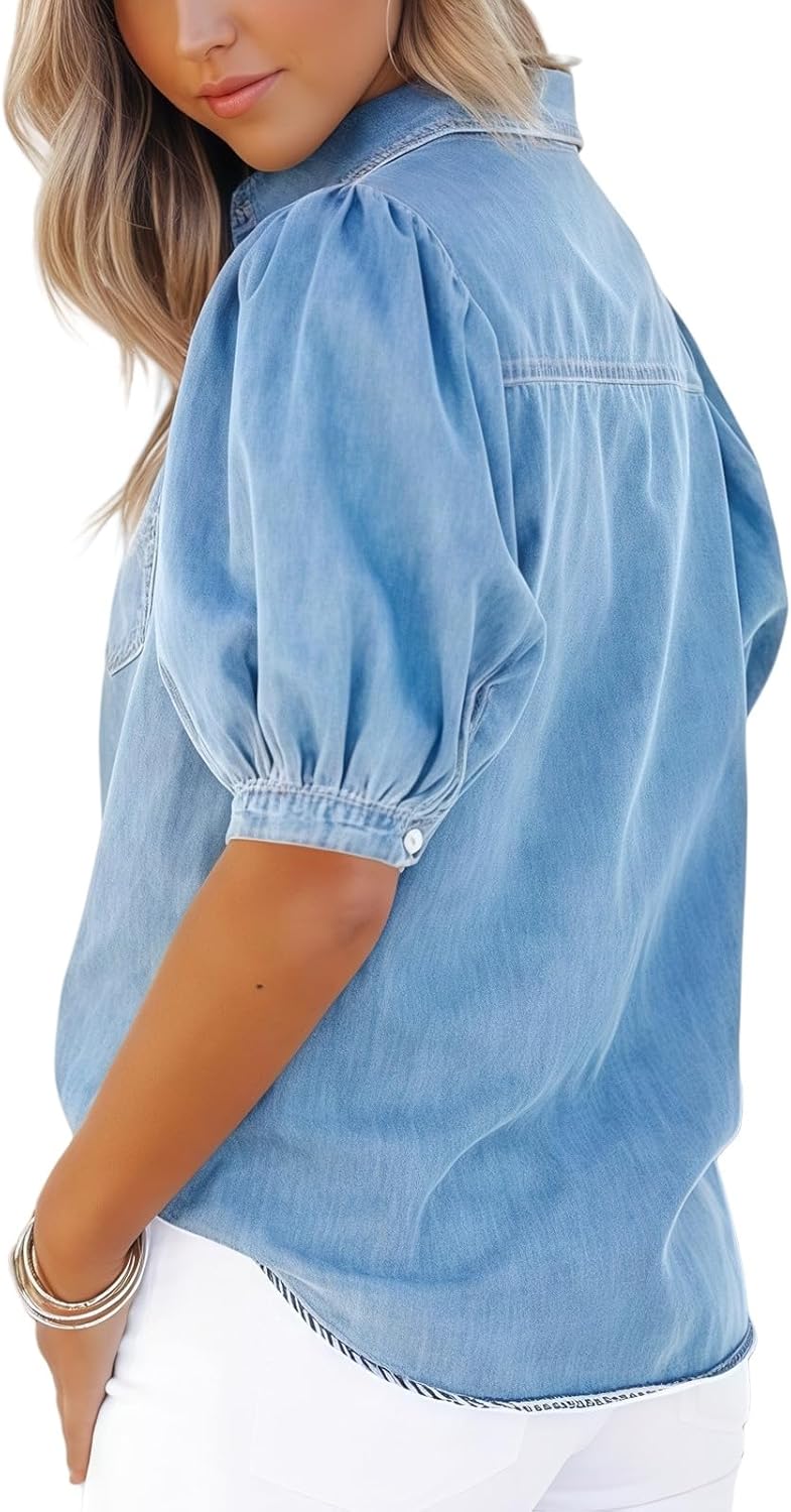Womens Jackets Puff Short Sleeve Button Down Jeans Coat Dressy Casual Collared Work Jacket Shirt Coats