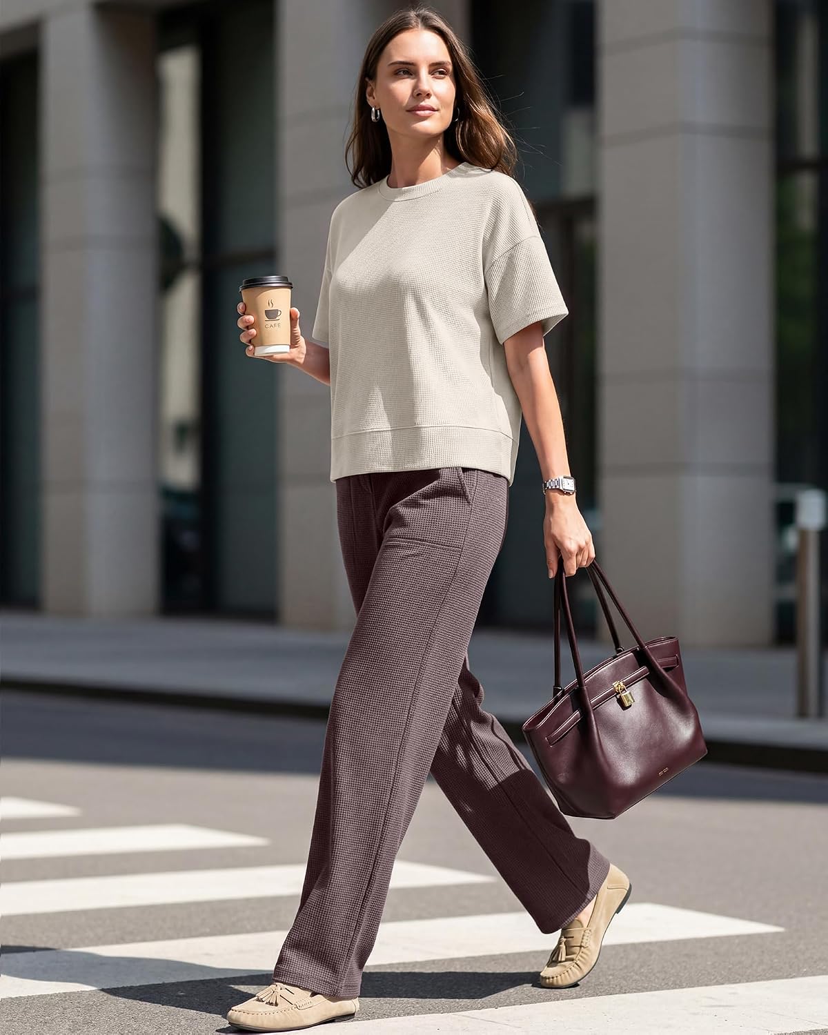 Breathable Waffle Knit T-Shirts Women-Soft Short Sleeve Tops Casual Basic Tees Crewneck Loose Fit Lounge Summer