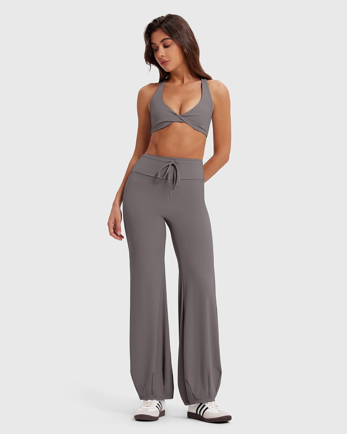 Women Wide Leg Yoga Pants Bubble Hem Fold Over Waist Drawstring Studio Pilates Workout Pants