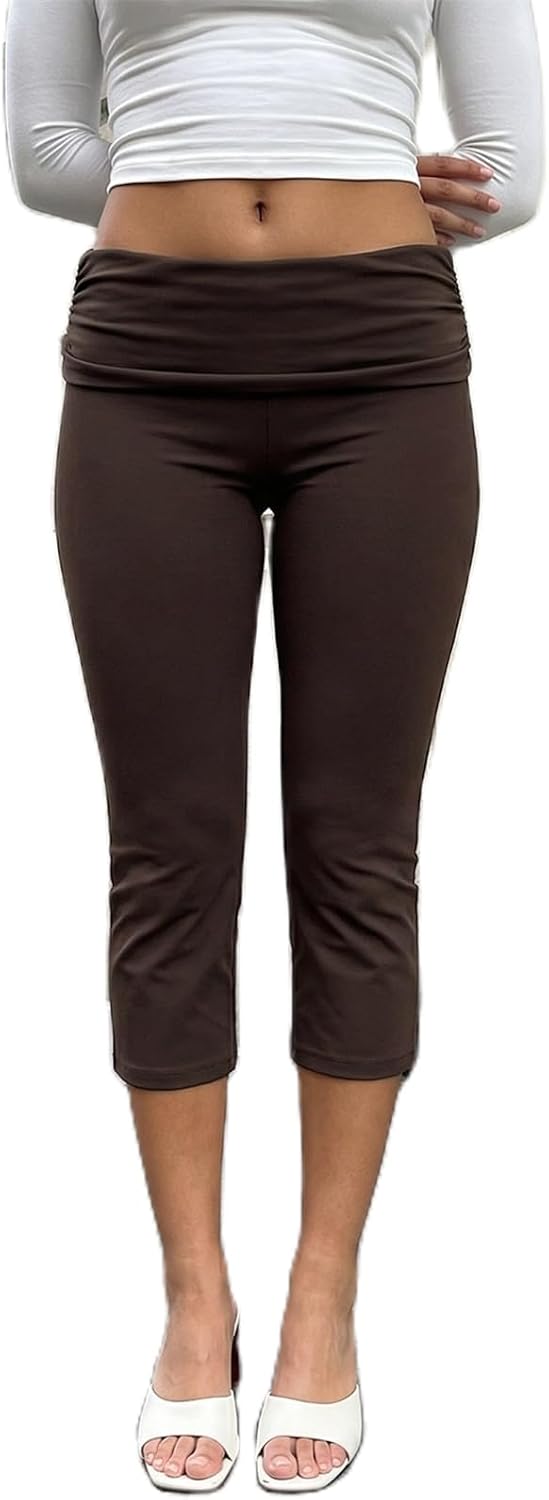 Fold Over Capri Leggings for Women Low Waist Stretch Tight Taper Leg Yoga Pants Going Out Cropped Pants Streetwear