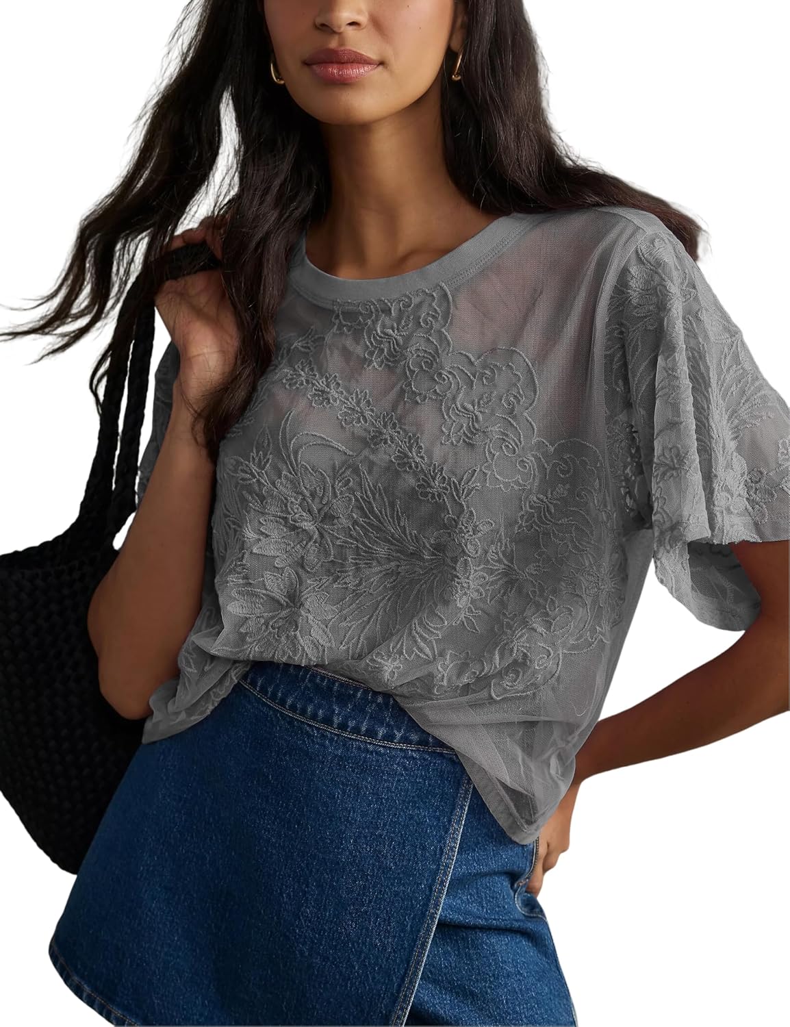 Lace Tops for Women Sexy Short Sleeve Mesh Tops Embroidered Sheer Lace T-Shirts See Through Blouse