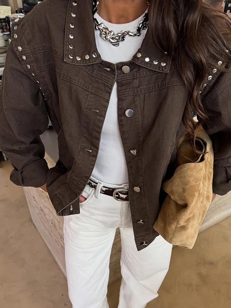 Women Fall Y2K Studded Oversized Jean Jacket Western Distressed Casual Bomber Jacket