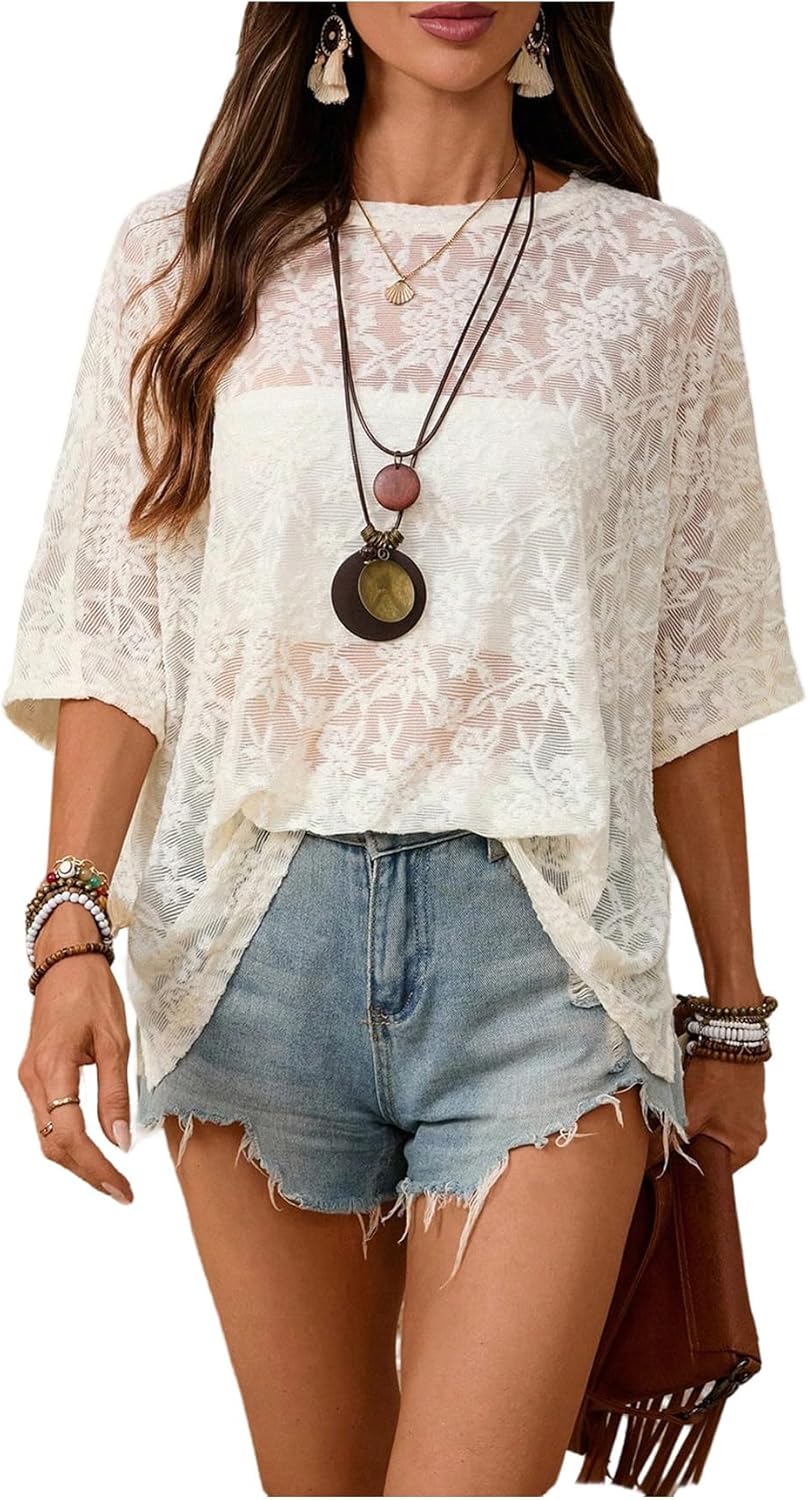Women's Floral Mesh Tops Short Sleeve Crew Neck See Through T Shirts Vacation Festival Outfit
