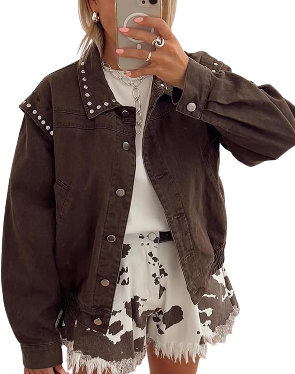 Women Fall Y2K Studded Oversized Jean Jacket Western Distressed Casual Bomber Jacket Women Fall Y2K Studded Oversized Jean Jacket Western Distressed Casual Bomber Jacket