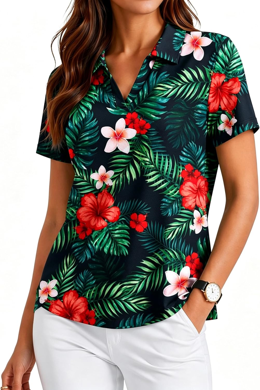 Womens Golf Shirt Short Sleeve Polo Shirts UPF 50+ Tennis Top V-Neck Workout Tops Collared Activewear T-Shirts