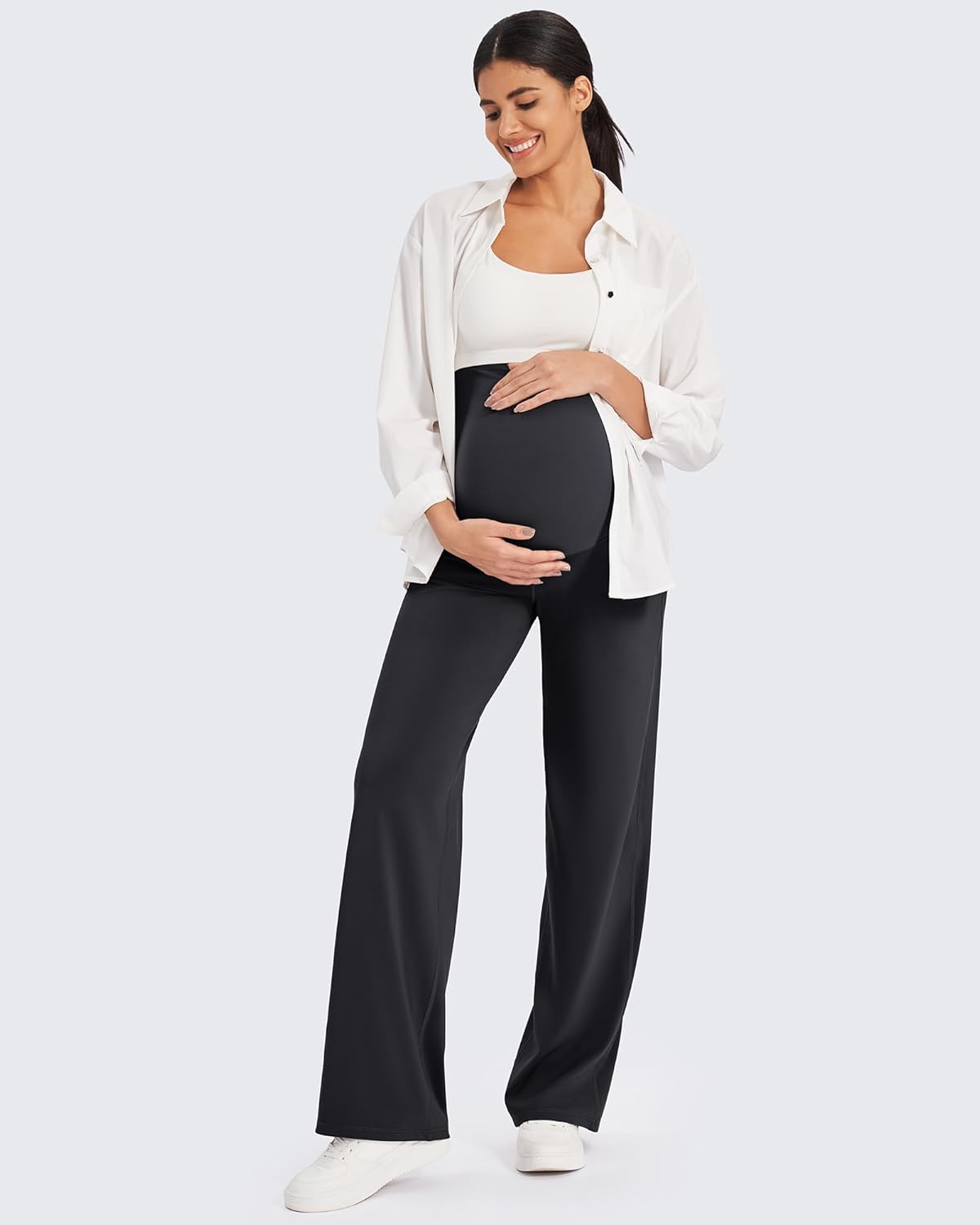 Maternity Pants Over the Belly Yoga Dress Work Stretchy Lounge Pregnancy Wide Leg Trousers with Pockets